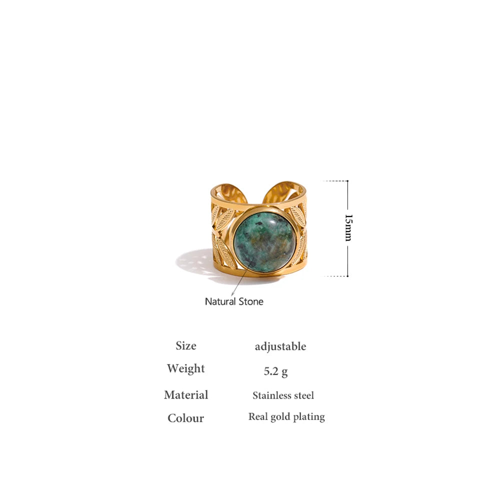 Yhpup Stainless Steel Green Natural Turquoise Opening Ring Statement Golden 18 K Plated Ring bague acier inoxydable Gift New - YDKM