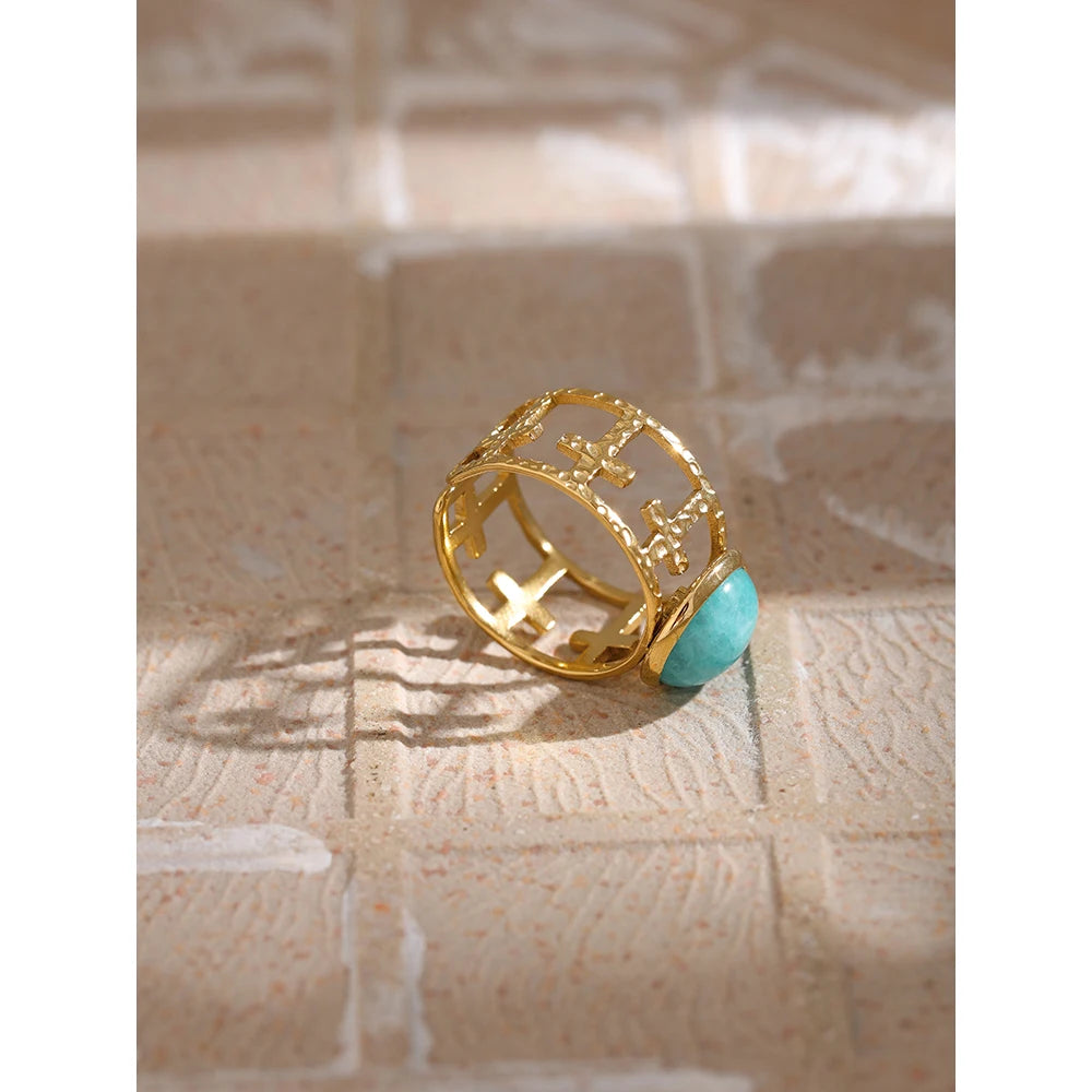 Yhpup 316L Stainless Steel Trendy Ring Simple Golden Metal Blue Stone Opening for Women кольцо женское Wedding Gift Jewelry - YDKM