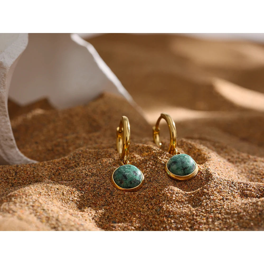 Yhpup Stainless Steel Green Natural Stone Hoop Earrings New Golden Metal Geometric Charm Jewelry Joyería Acero Inoxidable Mujer - YDKM