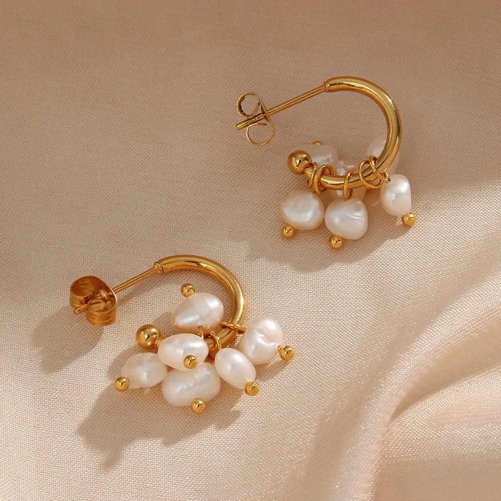 E.B.belle Super Elegant Delicate Small Freshwater Pearl Hoop Earrings 18K Gold Plated Stainless Steel Mini Gold Pearl Earring - YDKM