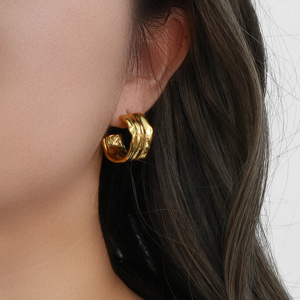 E.B.belle 2024Trendy Tin Foil Wide Gold Plated Hoop Earrings For Women Titanium Steel Ladies Minimalist Basic Gold Hoops Jewelry - YDKM