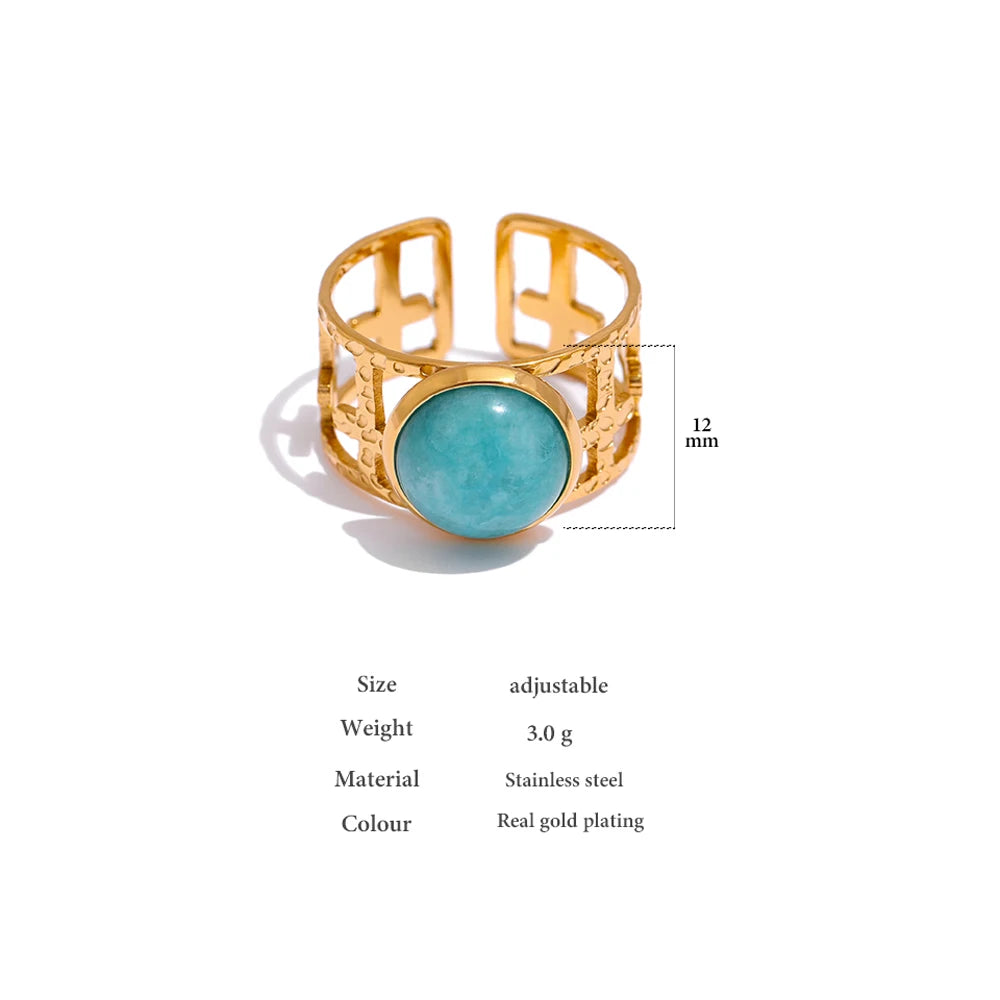 Yhpup 316L Stainless Steel Trendy Ring Simple Golden Metal Blue Stone Opening for Women кольцо женское Wedding Gift Jewelry - YDKM