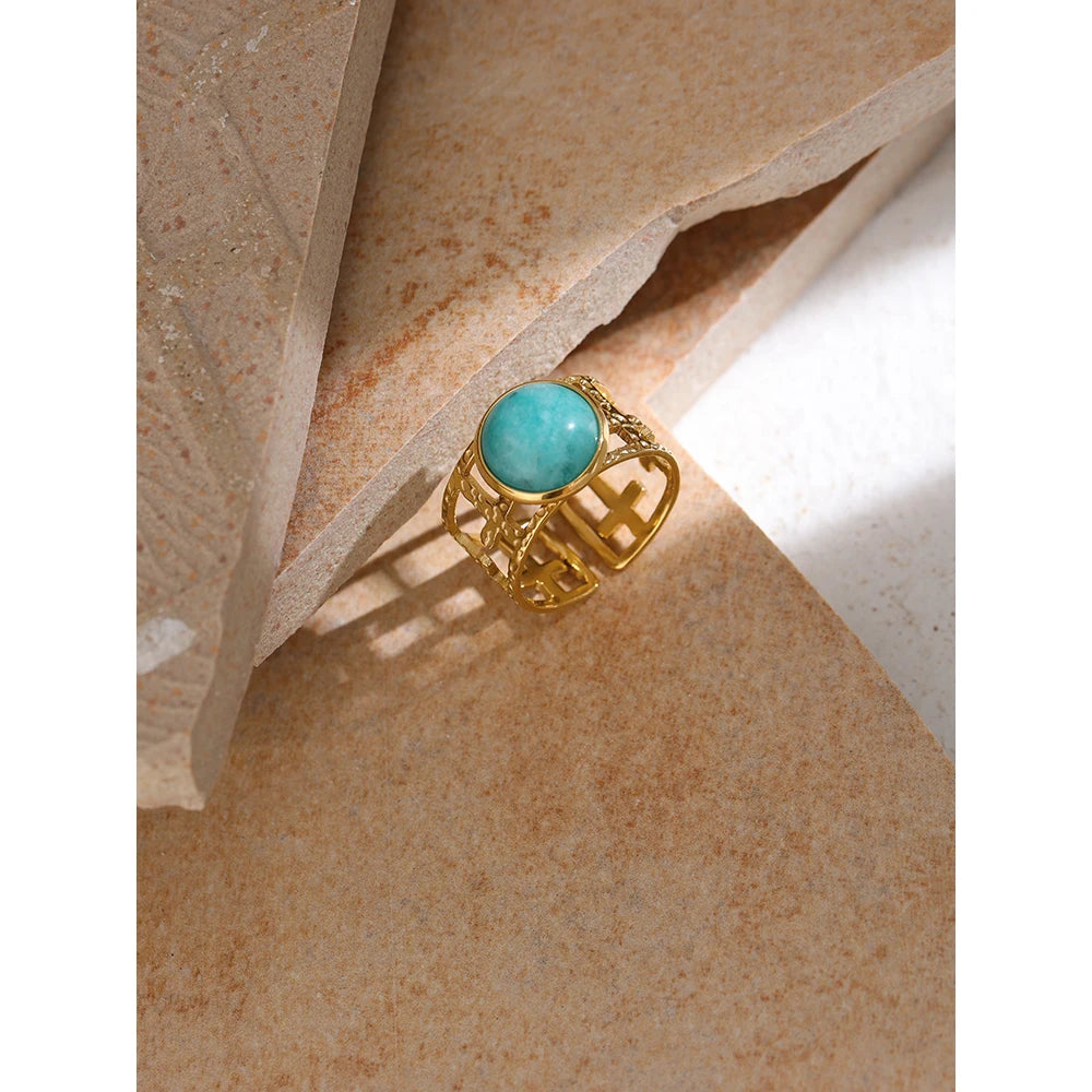 Yhpup 316L Stainless Steel Trendy Ring Simple Golden Metal Blue Stone Opening for Women кольцо женское Wedding Gift Jewelry - YDKM