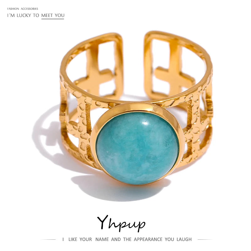 Yhpup 316L Stainless Steel Trendy Ring Simple Golden Metal Blue Stone Opening for Women кольцо женское Wedding Gift Jewelry - YDKM