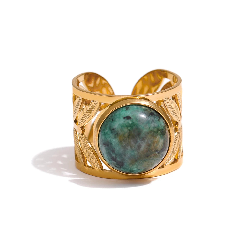 Yhpup Stainless Steel Green Natural Turquoise Opening Ring Statement Golden 18 K Plated Ring bague acier inoxydable Gift New - YDKM