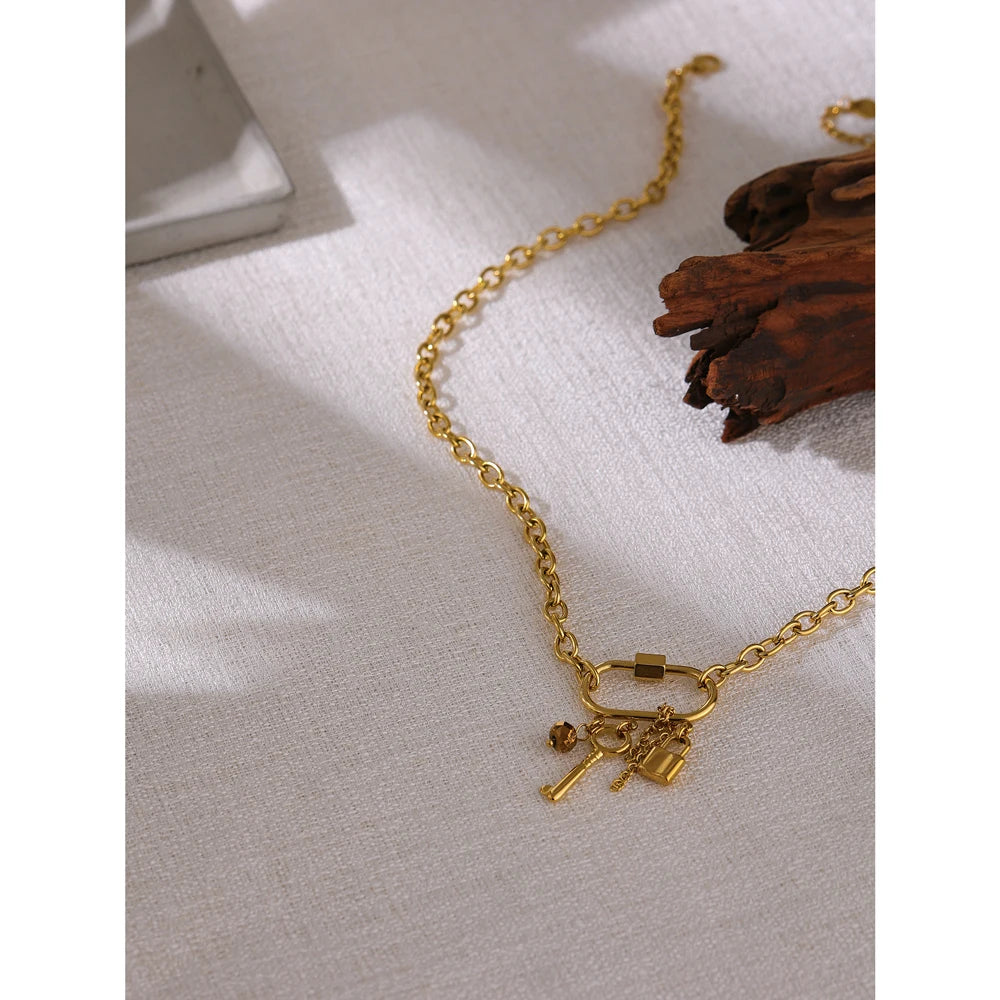 Charm Metal Crystal Lock Key Pendant Necklace - YDKM