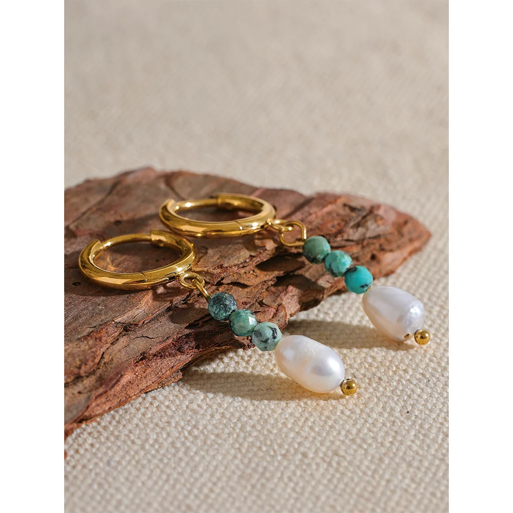 Yhpup Exquisite Stainless Steel Natural Stone Freshwater Pearl Bead Drop Hoop Earrings Fashion Daily Handmade Jewelry Bijoux - YDKM