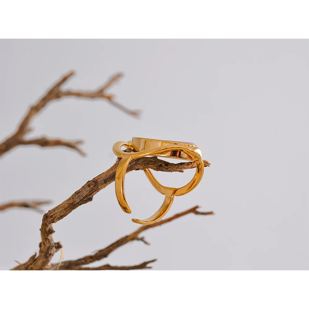 Yhpup Exclusive Natural Stone Shell Rotatable Open Ring France Exquisite Stainless Steel Unique Jewelry for Fashionable Women - YDKM
