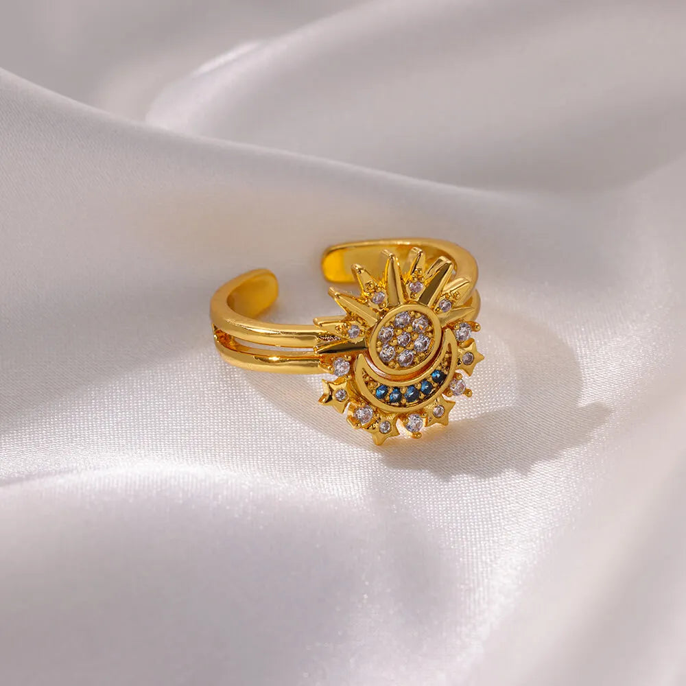 2PC Exquisite Cubic Zirconic Sun Moon Ring Set For Women Men Gold Color Stainless Steel Moon Sun Ring Couple Jewelry Gift - YDKM
