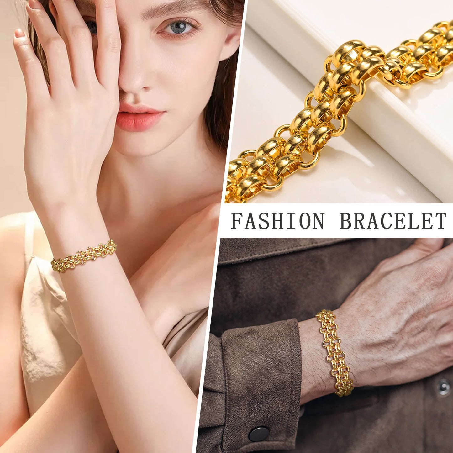 Thick Knite Chain Bracelet for Women, Stainless Steel Circle Connected Bracelet Waterproof - YDKM