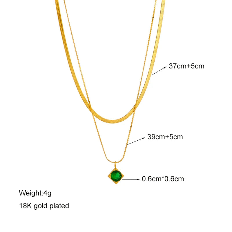 DIEYURO 316L Stainless Steel Green Zircon Pendant Necklace For Women Fashion Luxury Gold Color 2in1 Chain Girl Neck Jewelry Gift - YDKM