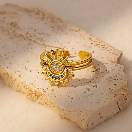 2PC Exquisite Cubic Zirconic Sun Moon Ring Set For Women Men Gold Color Stainless Steel Moon Sun Ring Couple Jewelry Gift - YDKM
