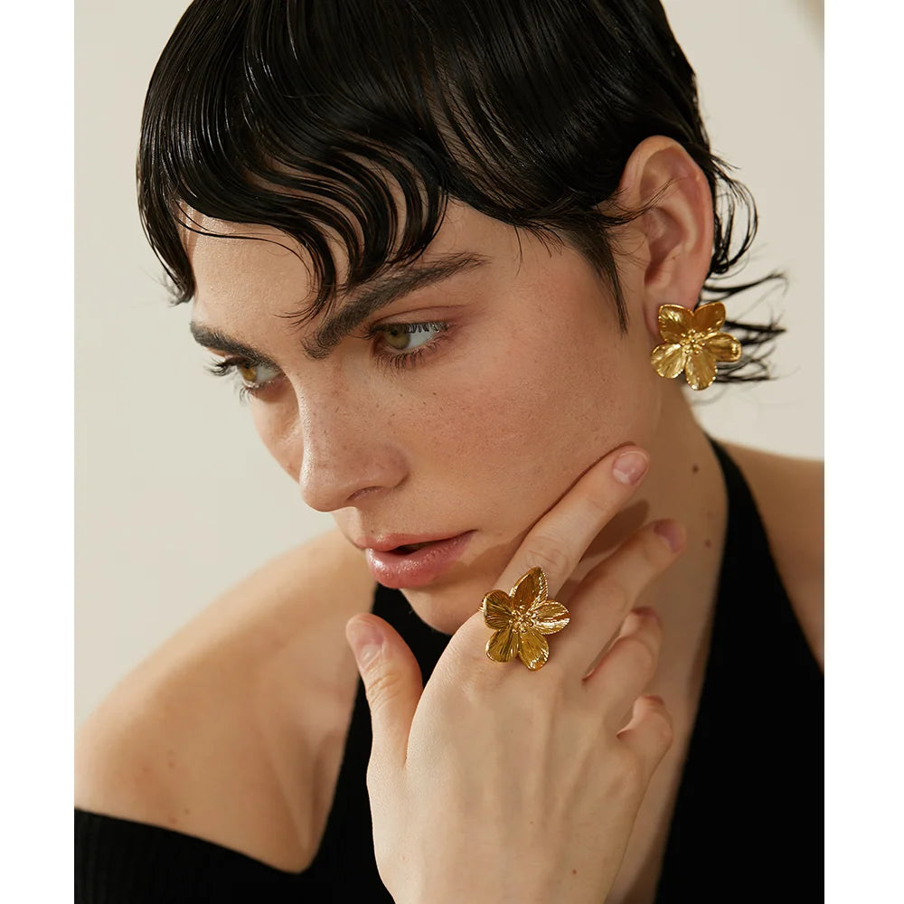 Yhpup Tarnish Free Vintage Gold Color Stainless Steel Flower Metal Stud Earrings for Women Individual Stylish Trendy Jewelry - YDKM