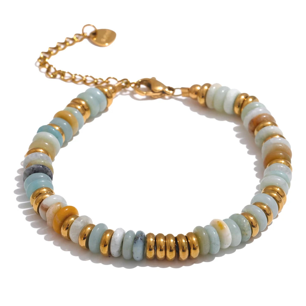 Yhpup Colorful Natural Stone Beads Chain Handmade Bracelet Bangle Waterproof Bohemia Stainless Steel Y2K Trendy Jewelry Gift - YDKM