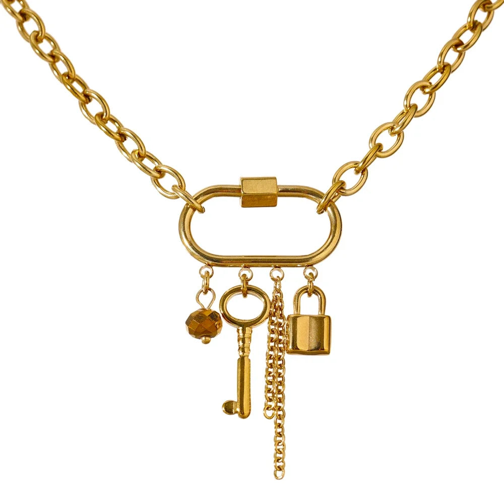 Charm Metal Crystal Lock Key Pendant Necklace - YDKM