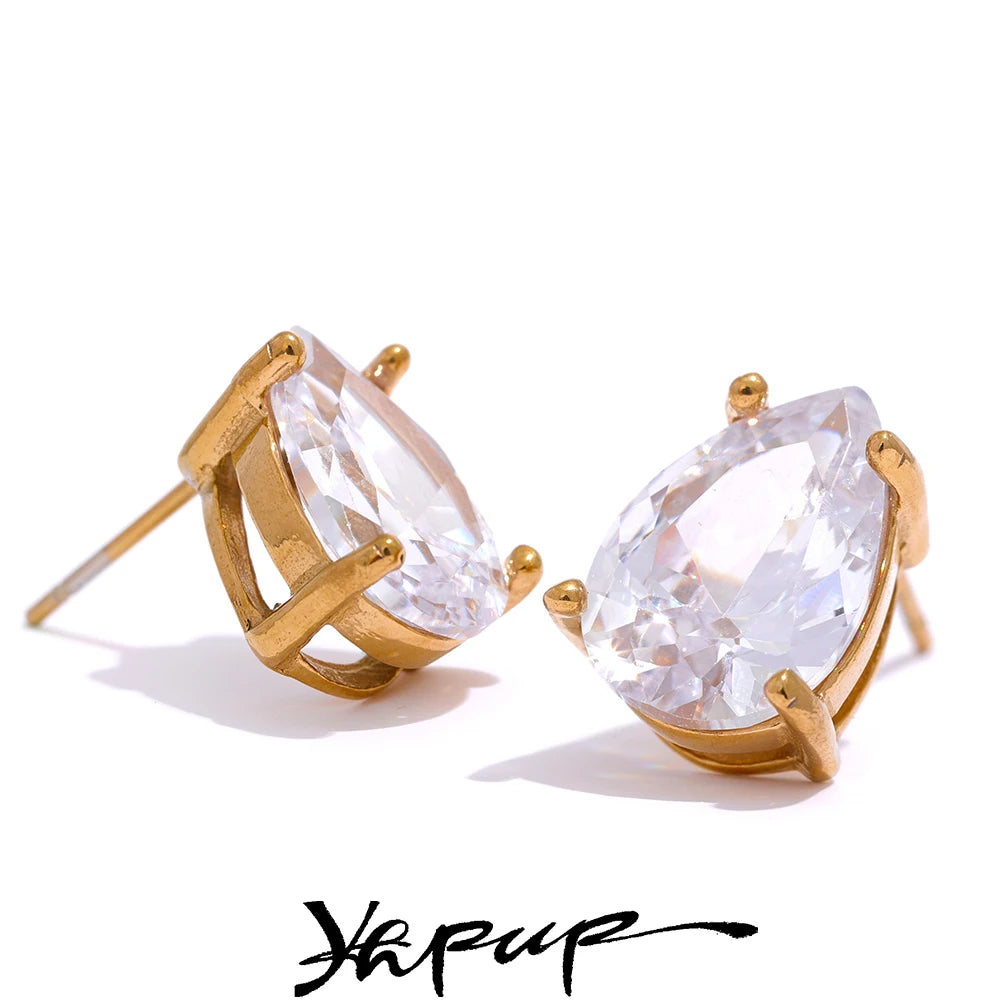 Yhpup Shinny AAA Cubic Zirconia Stainless Steel Water Drop Stud Earrings Women 18k Gold Plated Waterproof Fashion Bling Jewelry - YDKM