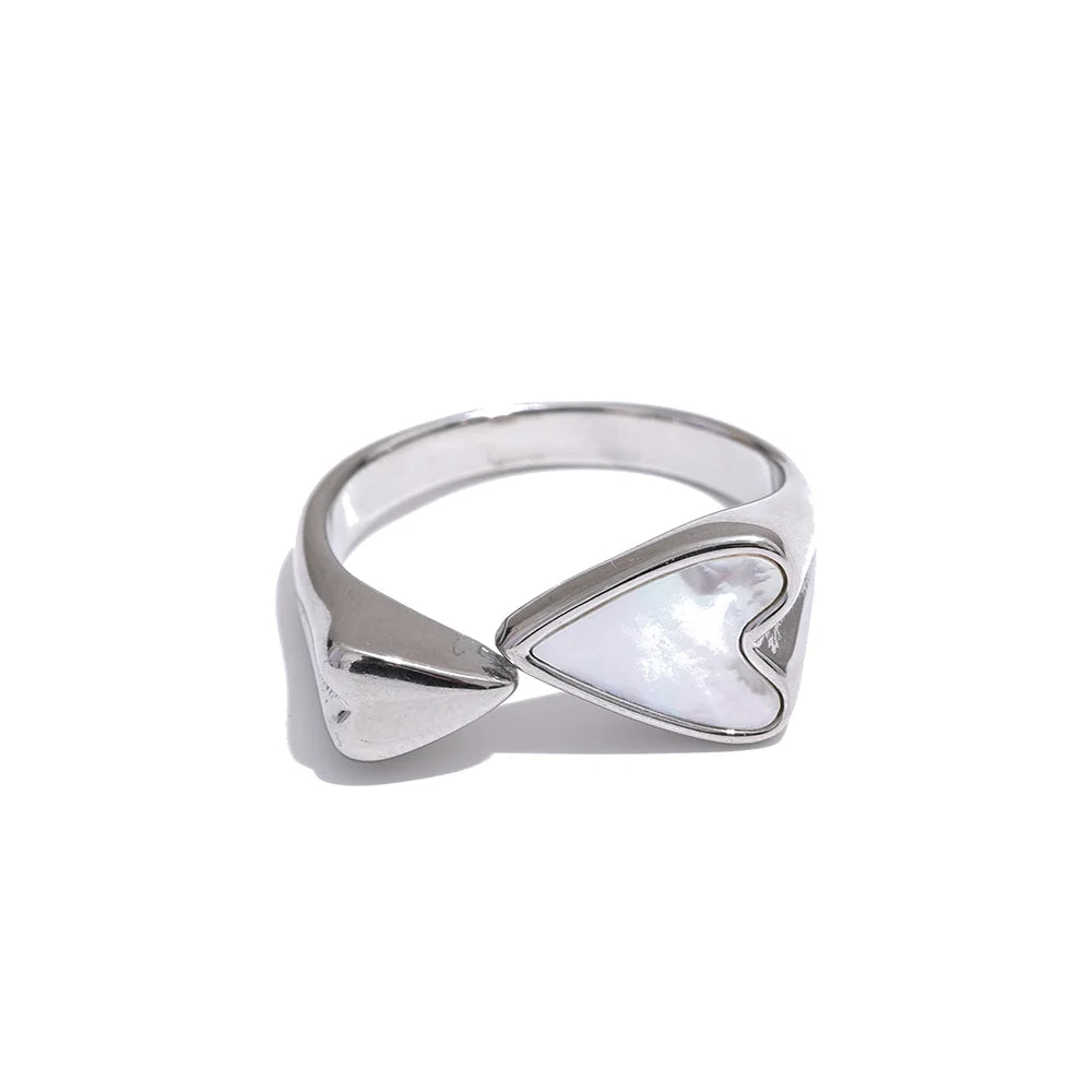 Yhpup Shell Acrylic Heart Stainless Steel Stylish Ring for Women Charms Metal Texture Waterproof Golden Jewelry Gala Gift - YDKM