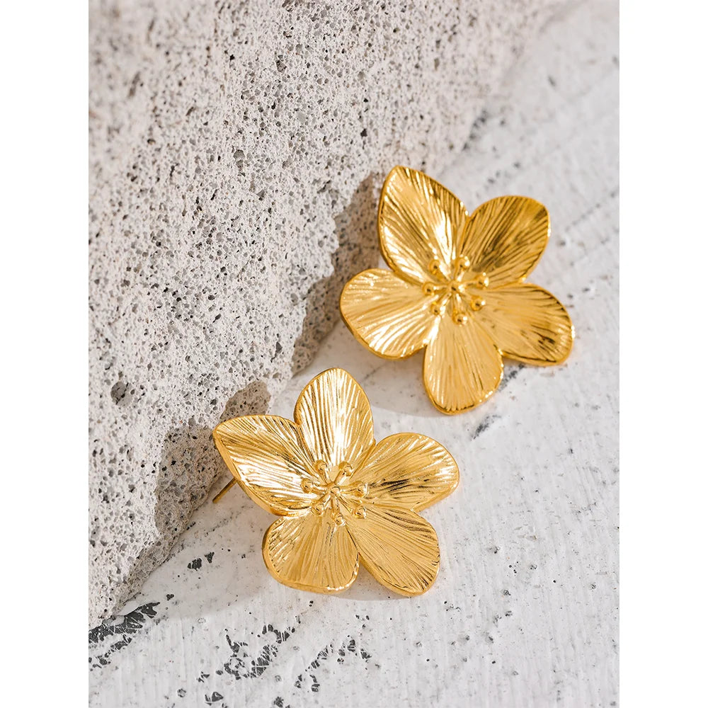 Yhpup Tarnish Free Vintage Gold Color Stainless Steel Flower Metal Stud Earrings for Women Individual Stylish Trendy Jewelry - YDKM