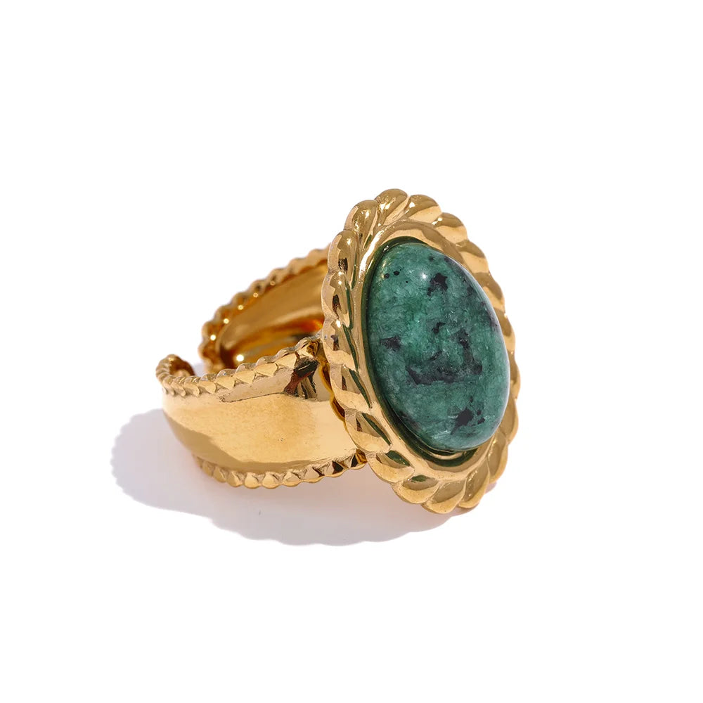 Yhpup Stainless Steel Wide Chunky Ring Inlaid Tiger Natural Stone Jewelry Trend Europe Bijoux Vintage Stylish Statement - YDKM
