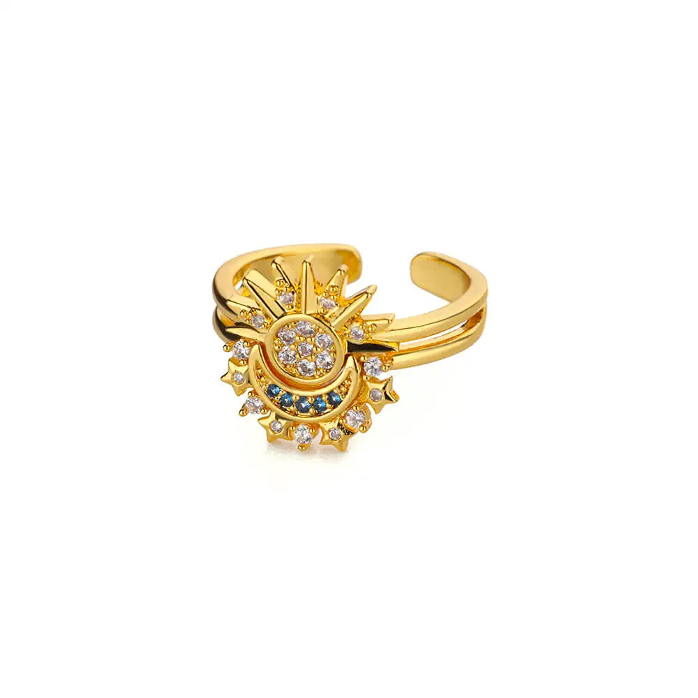 2PC Exquisite Cubic Zirconic Sun Moon Ring Set For Women Men Gold Color Stainless Steel Moon Sun Ring Couple Jewelry Gift - YDKM
