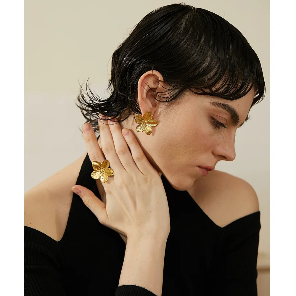 Yhpup Tarnish Free Vintage Gold Color Stainless Steel Flower Metal Stud Earrings for Women Individual Stylish Trendy Jewelry - YDKM