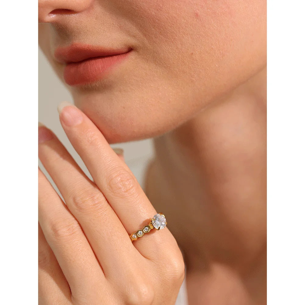 Yhpup Luxury AAA Bling Cubic Zirconia Classic Ring 2024 Stainless Steel CZ 18k Gold PVD Plated Fashion Exquisite Jewelry Gift - YDKM