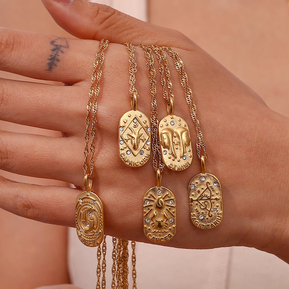 2023 Fashion Casting Zircon Zodiac Sign Bright Necklace For Woman Neck Jewelry Stainless Steel Constellation Custom Necklaces - YDKM