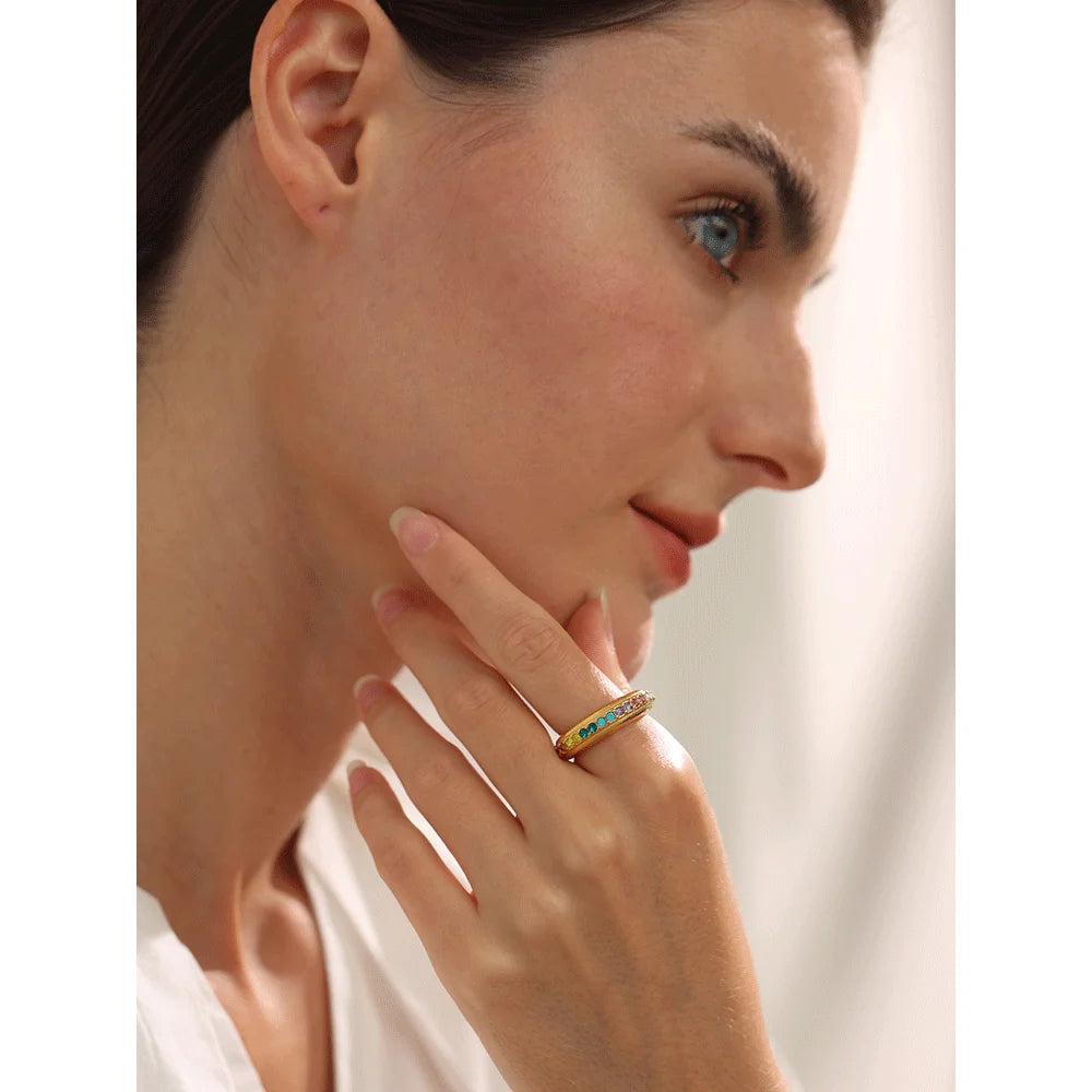 Yhpup Colorful White Cubic Zirconia Stainless Steel Fashion Open Ring Non-adjustable Golden Jewelry Water Resistant New - YDKM