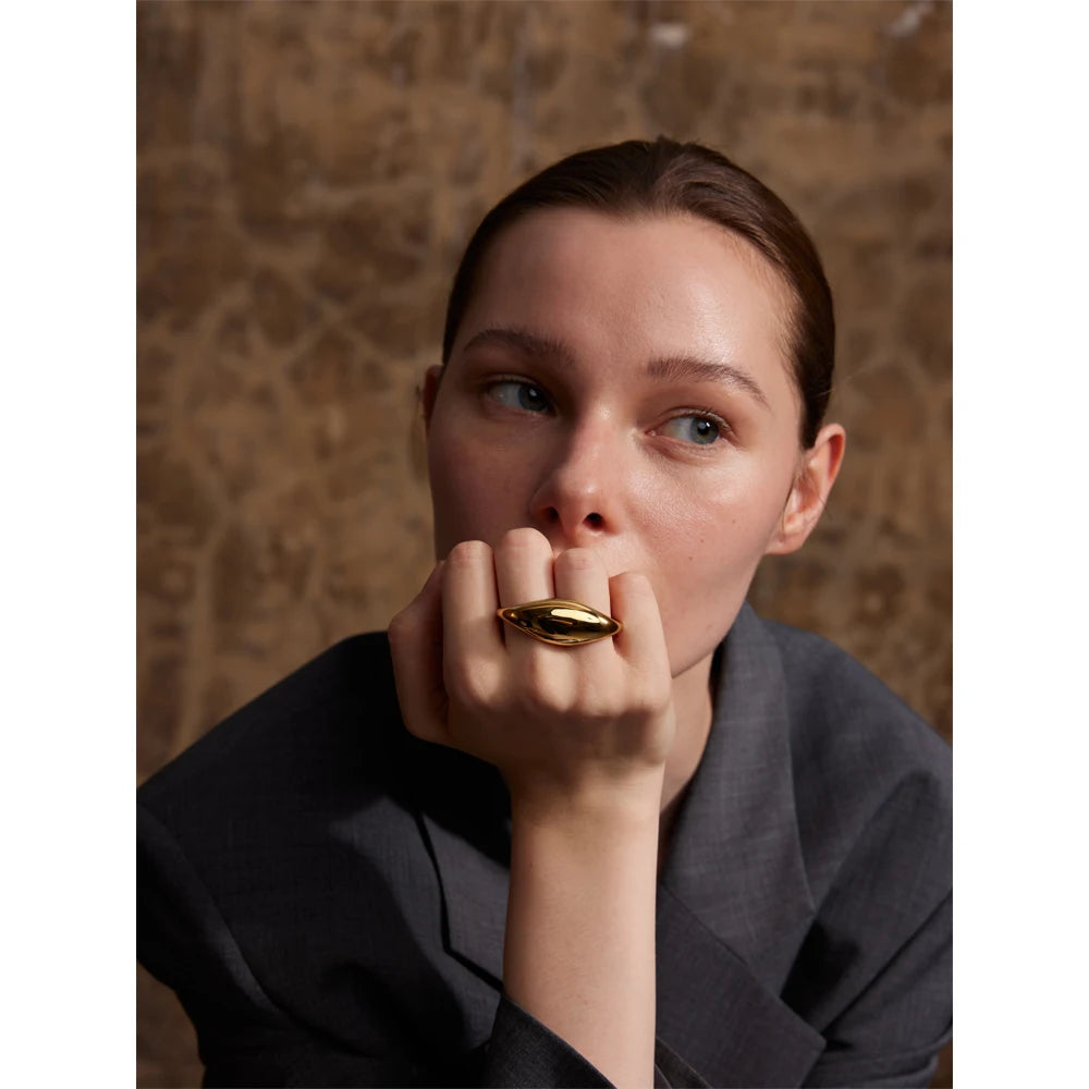 Yhpup 2024 Stainless Steel Metal Double Finger Geometric Ring Personality Rust Proof Attractive Big Exaggerated Jewelry Gift - YDKM