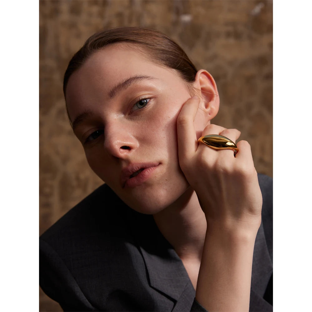 Yhpup 2024 Stainless Steel Metal Double Finger Geometric Ring Personality Rust Proof Attractive Big Exaggerated Jewelry Gift - YDKM