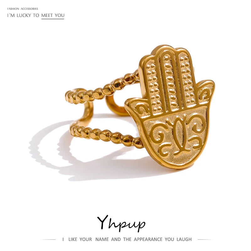 Yhpup Stainless Steel Palm Opening Ring Stylish Unique Design Golden 18 K Metal Women Jewelry Accessories Bagues Pour Femme - YDKM