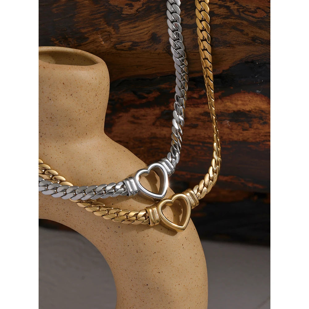 Yhpup Heart Chain Necklace Stainless Steel for Women Fashion Metal Texture Flat Collar Waterproof Necklace Girlfriend Gift - YDKM