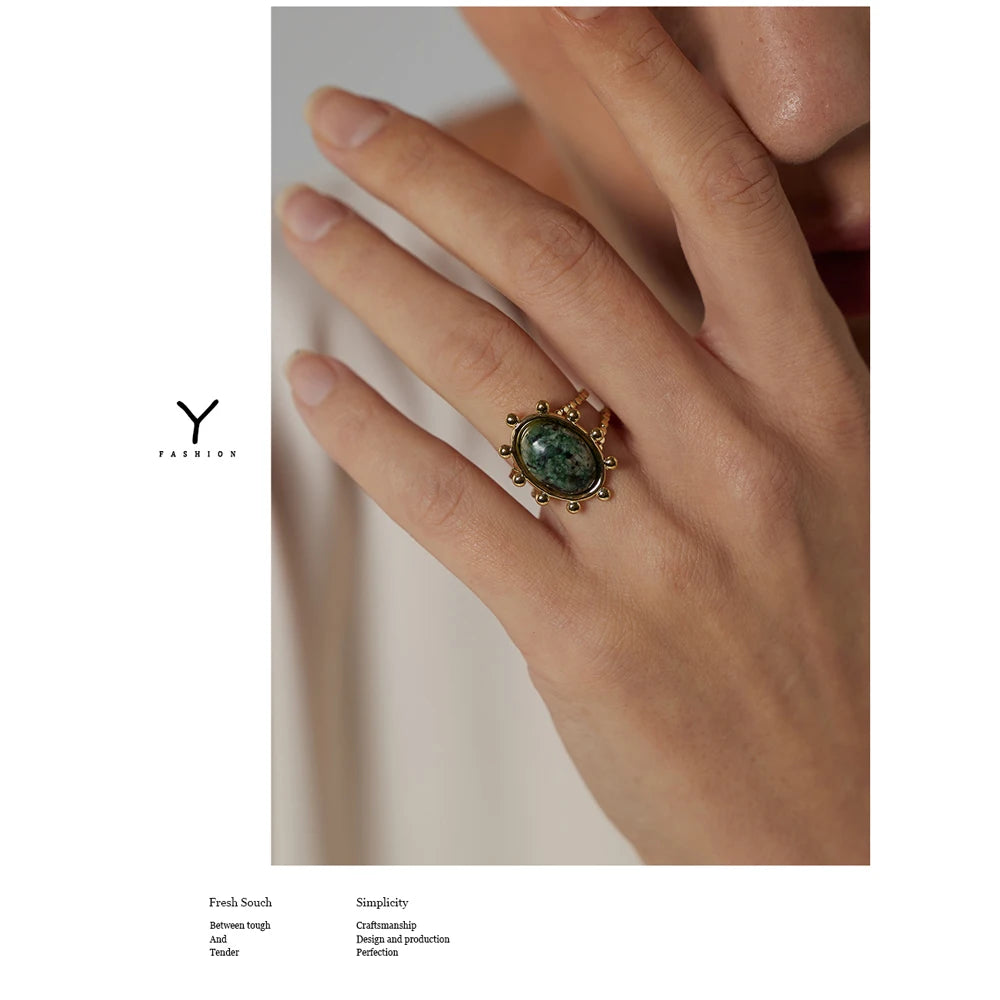 Yhpup Stainless Steel Green African Turquoise Stone Ring for Women Fashion Ring Waterproof Jewelry Bijoux Femme Party Gift - YDKM