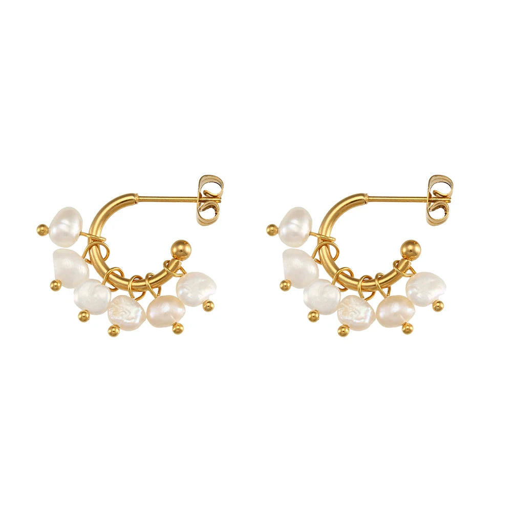 E.B.belle Super Elegant Delicate Small Freshwater Pearl Hoop Earrings 18K Gold Plated Stainless Steel Mini Gold Pearl Earring - YDKM