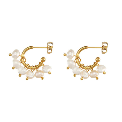 E.B.belle Super Elegant Delicate Small Freshwater Pearl Hoop Earrings 18K Gold Plated Stainless Steel Mini Gold Pearl Earring - YDKM