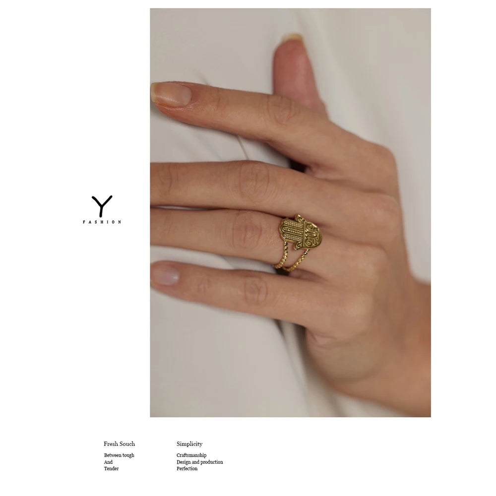 Yhpup Stainless Steel Palm Opening Ring Stylish Unique Design Golden 18 K Metal Women Jewelry Accessories Bagues Pour Femme - YDKM