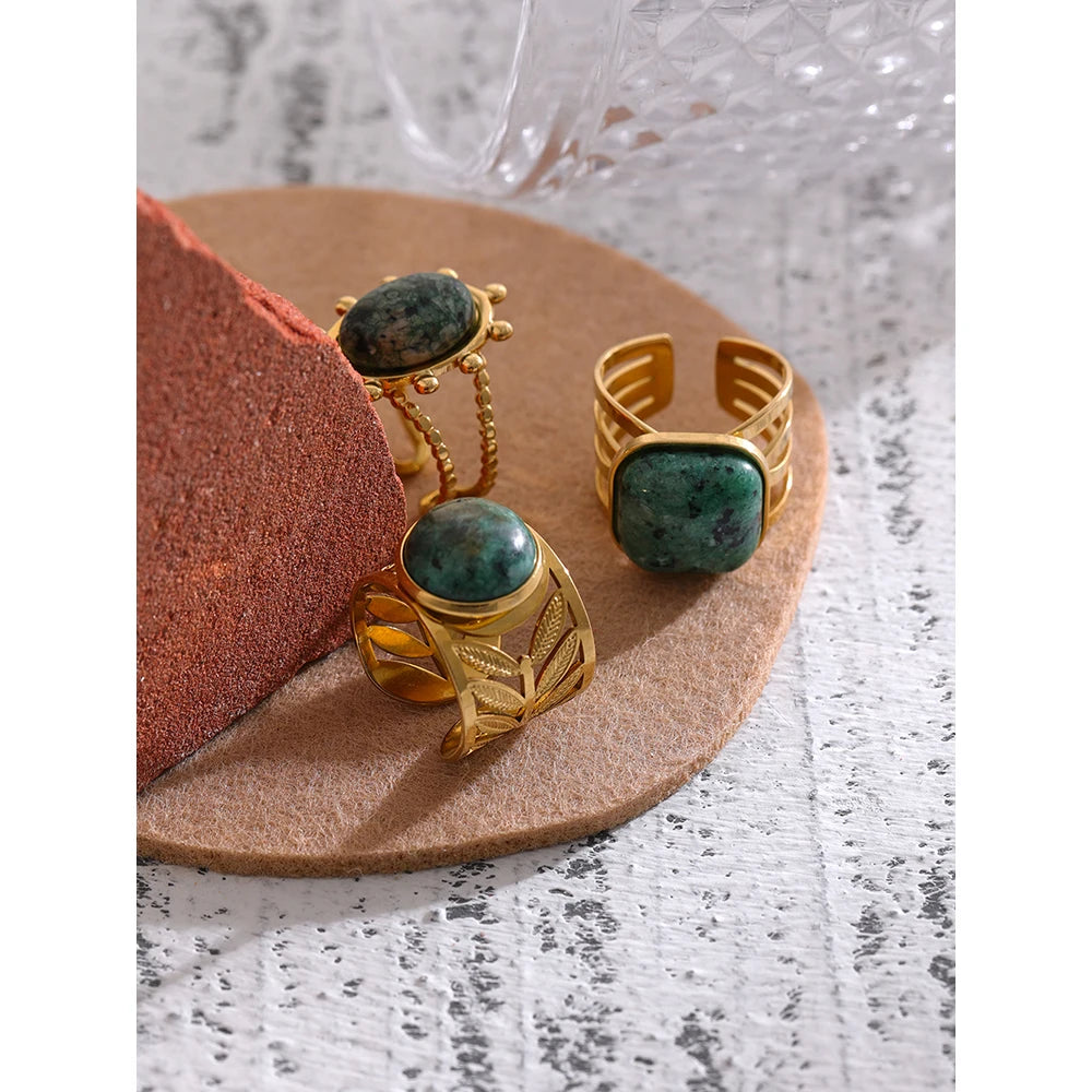 Yhpup Stainless Steel Green Natural Turquoise Opening Ring Statement Golden 18 K Plated Ring bague acier inoxydable Gift New - YDKM