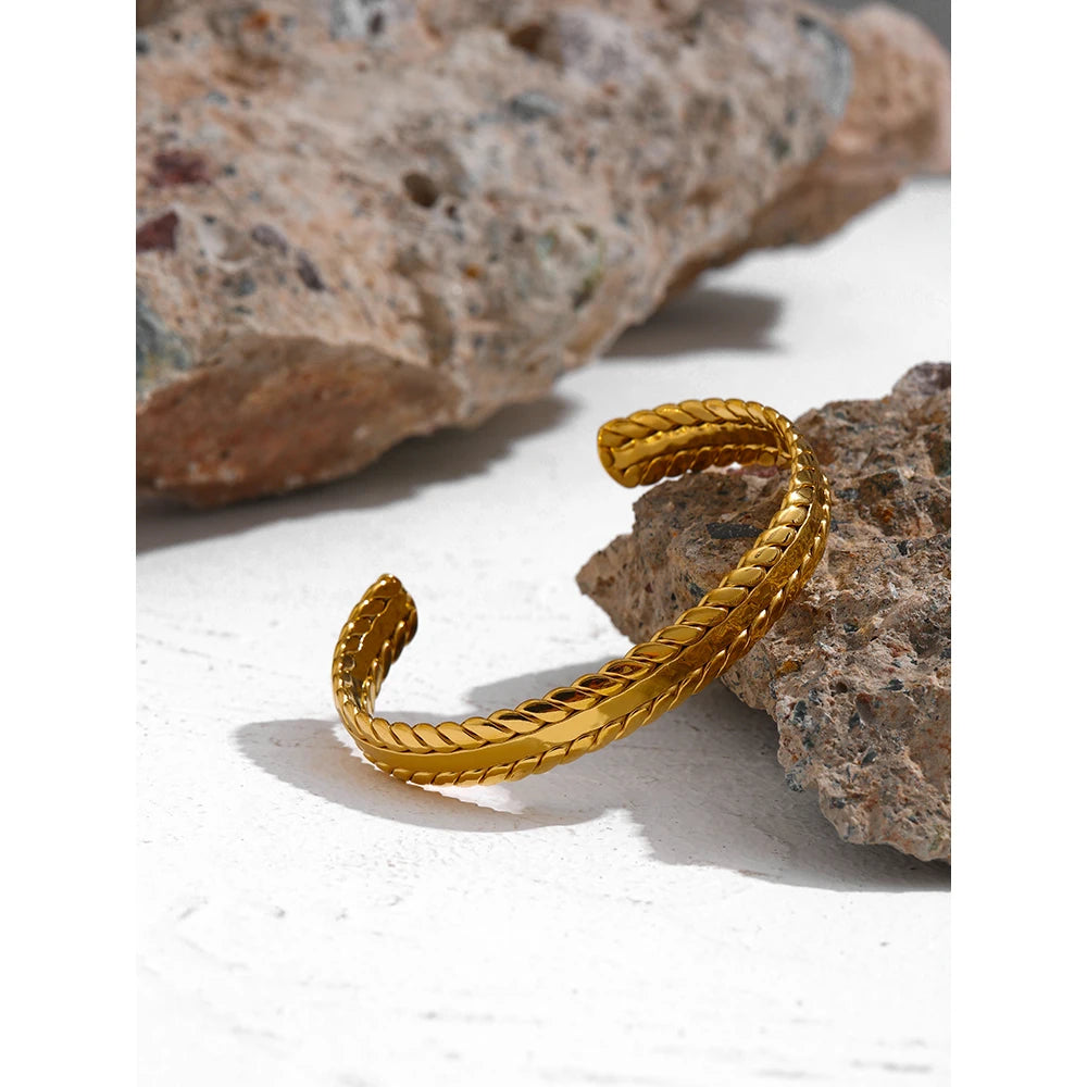 Yhpup 316L Stainless Steel Leaves Bangle Bracelet Minimalist Metalic Golden 18 K Cuff Bracelet Waterproof Jewelry Party Gift - YDKM