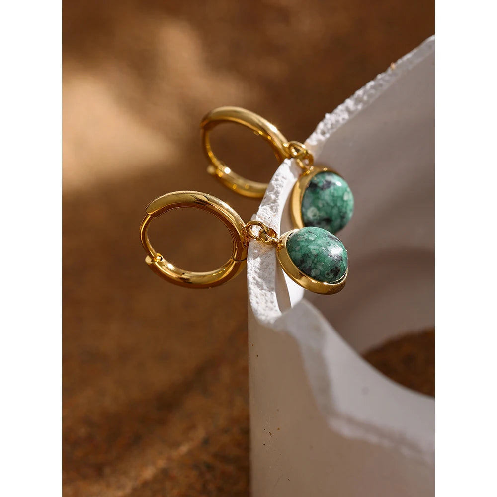 Yhpup Stainless Steel Green Natural Stone Hoop Earrings New Golden Metal Geometric Charm Jewelry Joyería Acero Inoxidable Mujer - YDKM