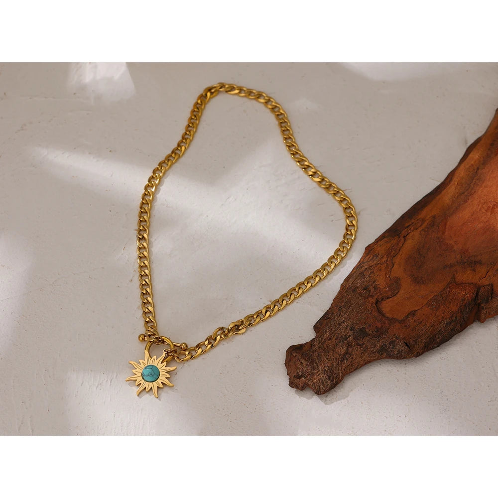 Yhpup Exquisite Sun Flower Pendant Necklace Stainless Steel Golden 18 K Chain Choker Women Necklace Bijoux Femme Accessories - YDKM