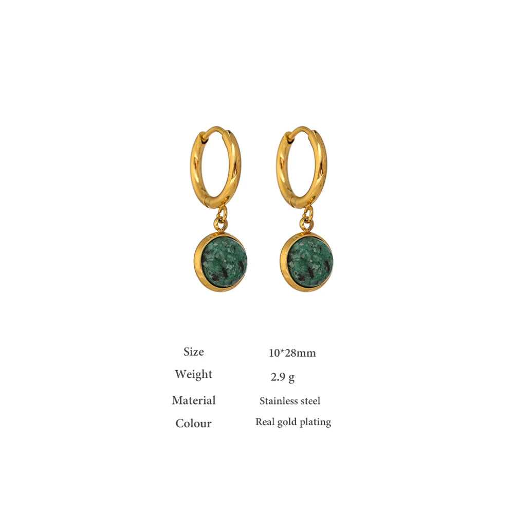 Yhpup Stainless Steel Green Natural Stone Hoop Earrings New Golden Metal Geometric Charm Jewelry Joyería Acero Inoxidable Mujer - YDKM