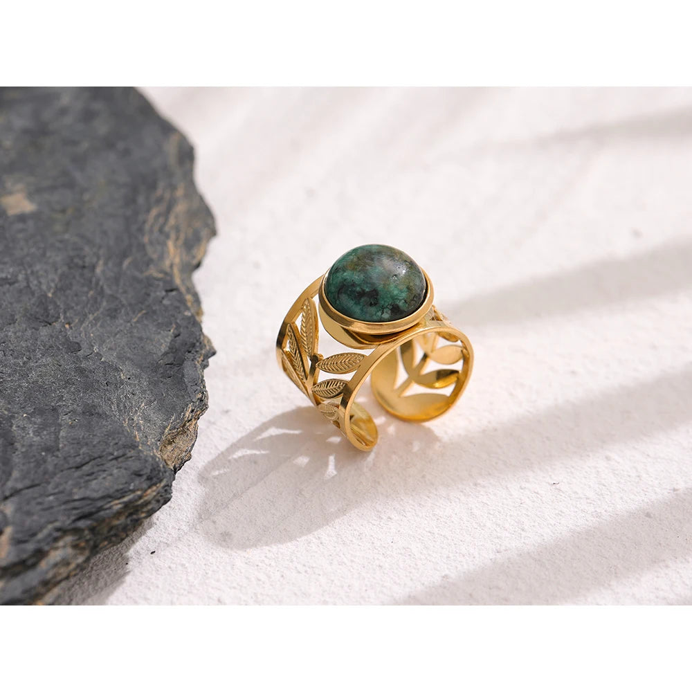 Yhpup Stainless Steel Green Natural Turquoise Opening Ring Statement Golden 18 K Plated Ring bague acier inoxydable Gift New - YDKM