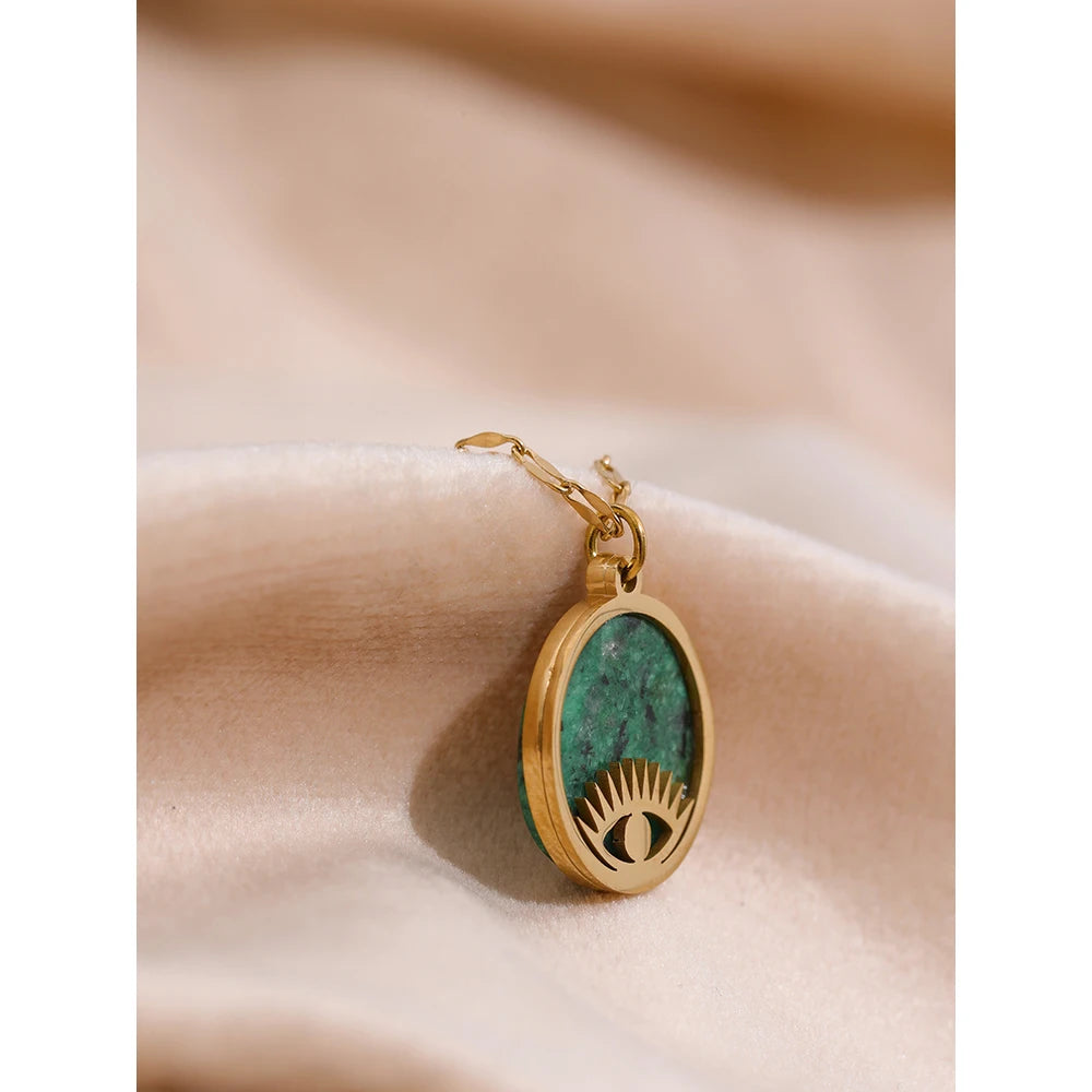 Green Natural Stone Eye Pendant Necklace - YDKM