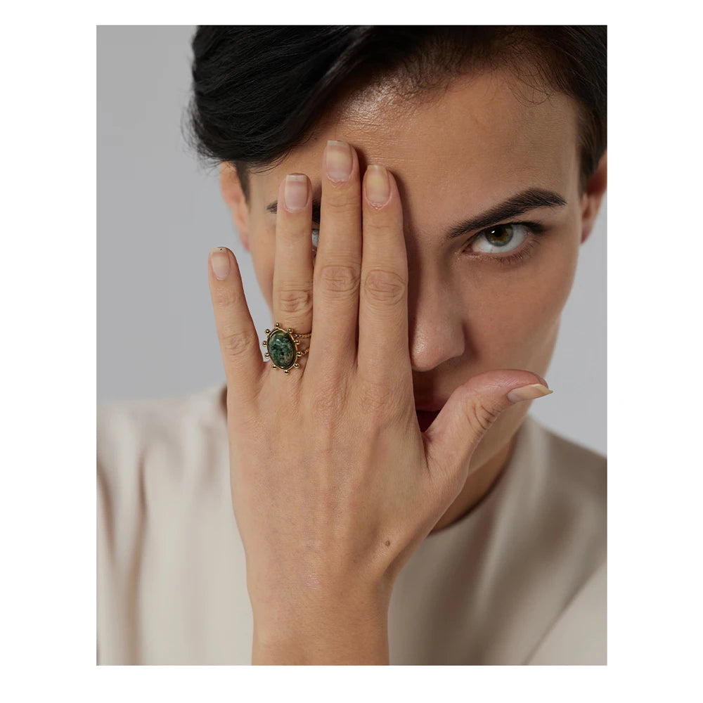 Yhpup Stainless Steel Green African Turquoise Stone Ring for Women Fashion Ring Waterproof Jewelry Bijoux Femme Party Gift - YDKM