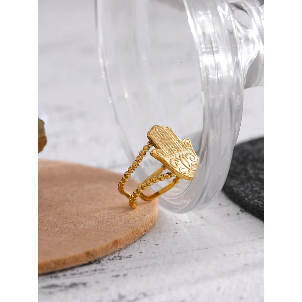 Yhpup Stainless Steel Palm Opening Ring Stylish Unique Design Golden 18 K Metal Women Jewelry Accessories Bagues Pour Femme - YDKM