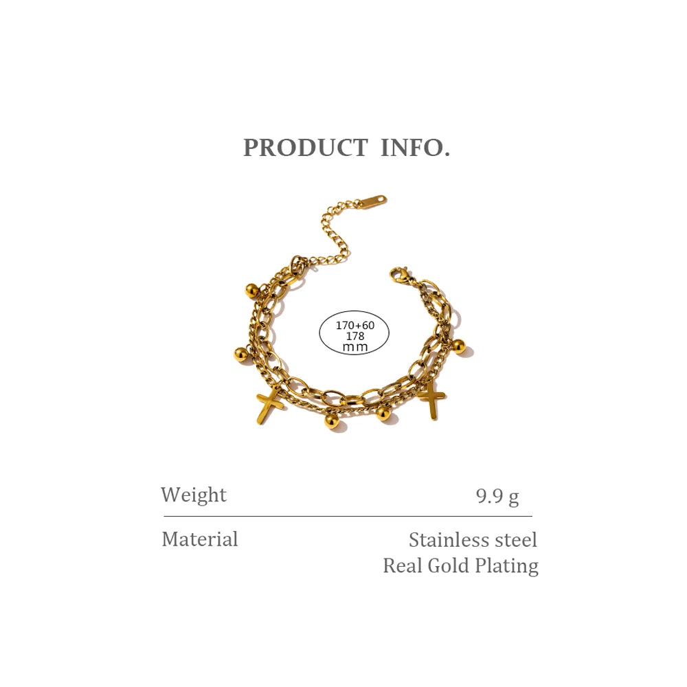 Yhpup Stainless Steel Cross Layered Bracelet for Women Charm Metal 14 K Plated Trendy Golden Wrist Unique Design Jewelry брелок - YDKM