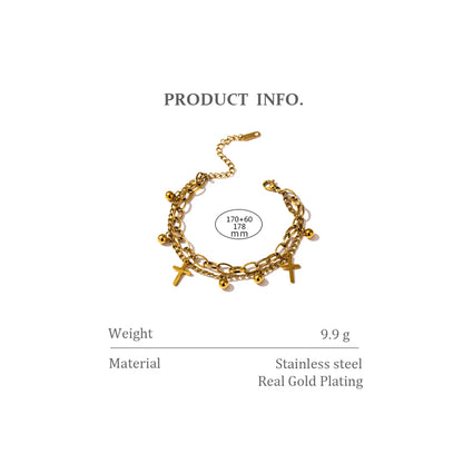 Yhpup Stainless Steel Cross Layered Bracelet for Women Charm Metal 14 K Plated Trendy Golden Wrist Unique Design Jewelry брелок - YDKM