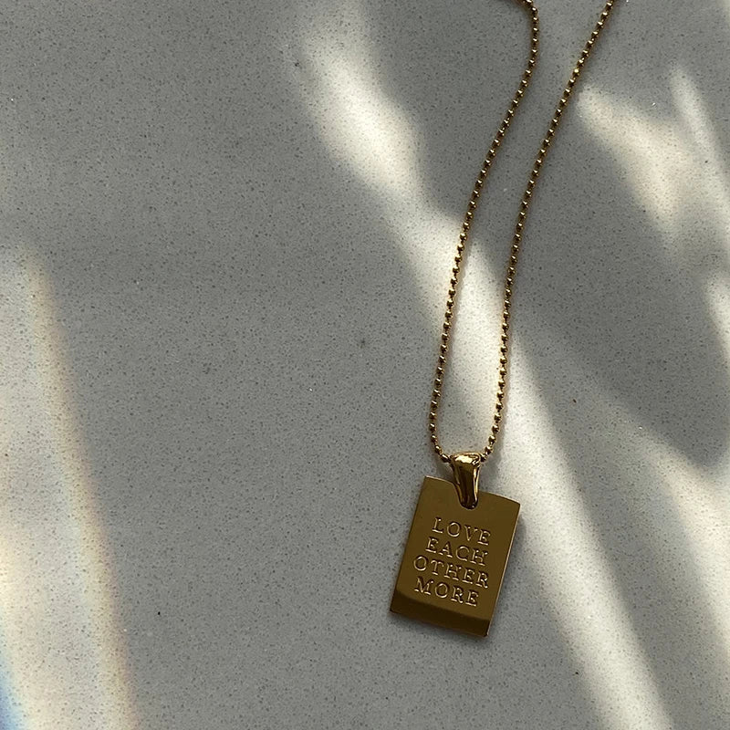 Vintage Couple Jewelry Motto Engraved Square Pendant Pure 18k Gold Plated Necklaces for Women Stainless Steel Men's Chain Beads - YDKM