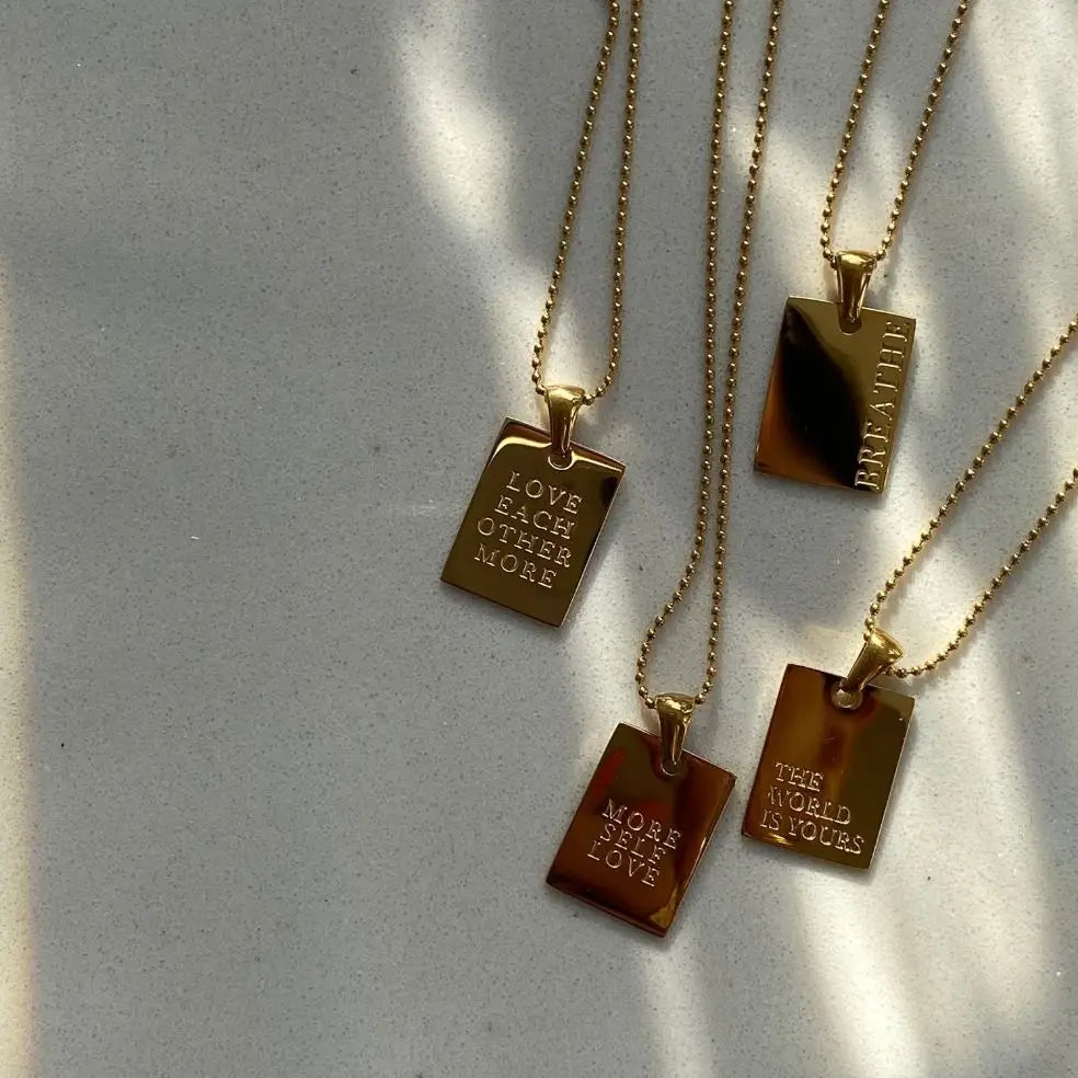 Vintage Couple Jewelry Motto Engraved Square Pendant Pure 18k Gold Plated Necklaces for Women Stainless Steel Men's Chain Beads - YDKM