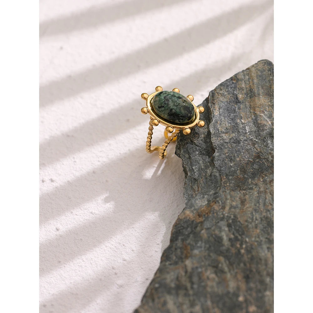 Yhpup Stainless Steel Green African Turquoise Stone Ring for Women Fashion Ring Waterproof Jewelry Bijoux Femme Party Gift - YDKM